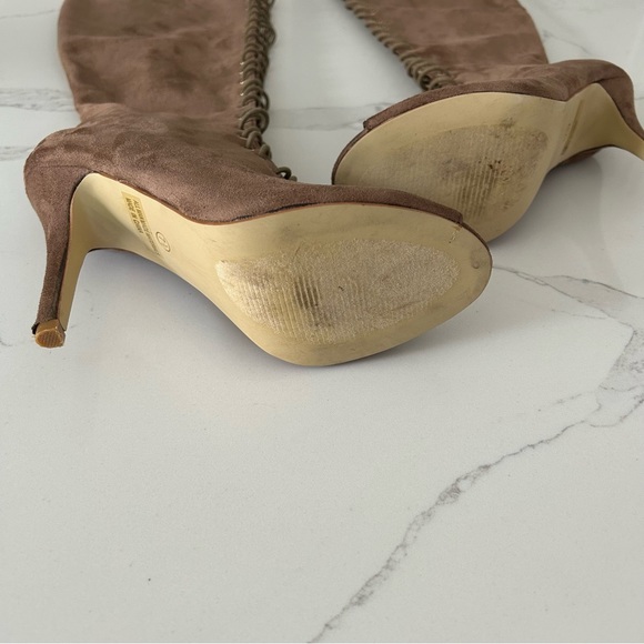 Thigh High Boots Heeled Laced Peep Toe Light Brown - Picture 6 of 7